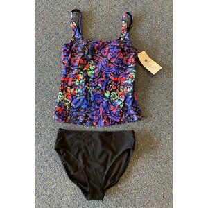 NWT Gottex Tankini Bathing Suit 2 Piece Black Blue Green Red 10 New